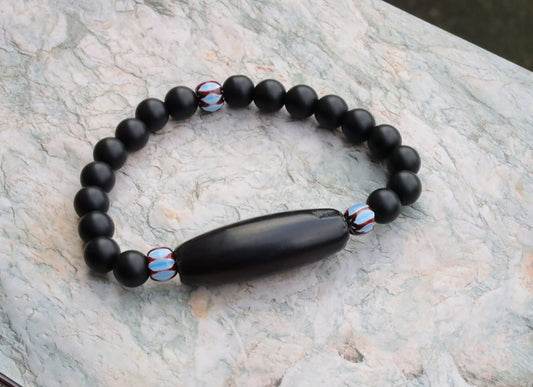 Old black Agate Dzi  bead matte Agate bracelet with Chevron-style tradebeads - originally made in Nepal.