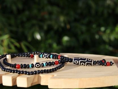 Splendid Nine-eye dZi bead necklace. It is called “The Star of Prosperity and the Heaven Protection”. Black white Dzi bead, protection, luck