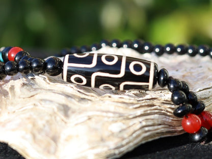 Splendid Nine-eye dZi bead necklace. It is called “The Star of Prosperity and the Heaven Protection”. Black white Dzi bead, protection, luck