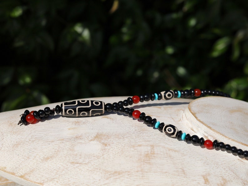 Splendid Nine-eye dZi bead necklace. It is called “The Star of Prosperity and the Heaven Protection”. Black white Dzi bead, protection, luck