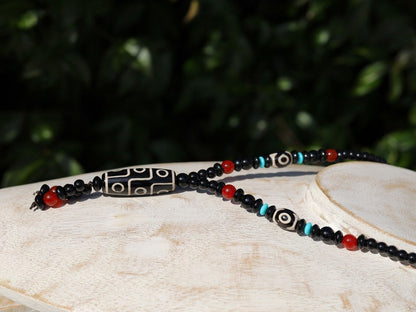 Splendid Nine-eye dZi bead necklace. It is called “The Star of Prosperity and the Heaven Protection”. Black white Dzi bead, protection, luck