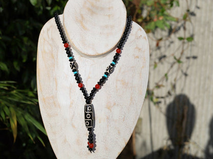 Splendid Nine-eye dZi bead necklace. It is called “The Star of Prosperity and the Heaven Protection”. Black white Dzi bead, protection, luck