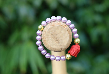 Genuine Purple South Sea Shell Pearl bracelet combined with gold Lava and Red Buddha Head Reversible Beads - Cinnabar Buddha Beads