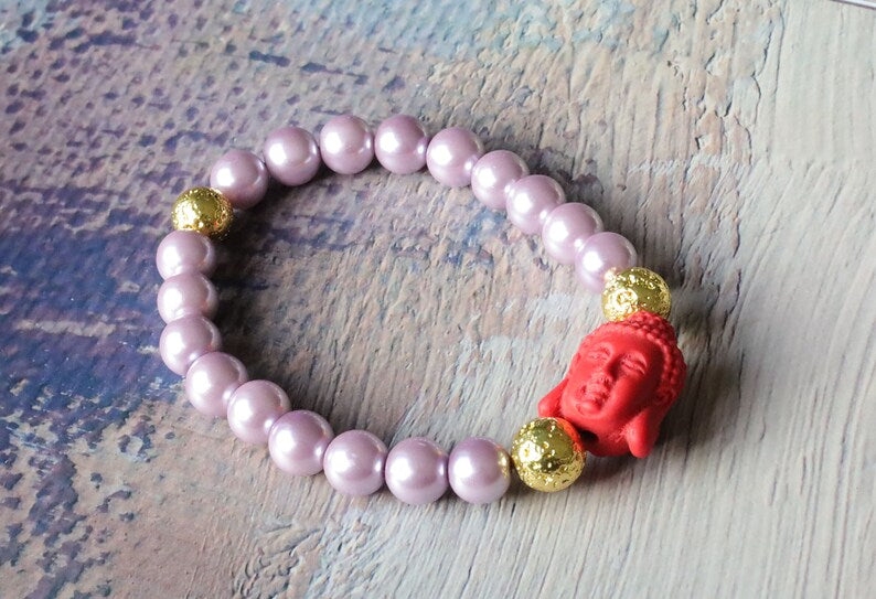 Genuine Purple South Sea Shell Pearl bracelet combined with gold Lava and Red Buddha Head Reversible Beads - Cinnabar Buddha Beads