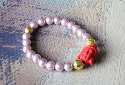 Genuine Purple South Sea Shell Pearl bracelet combined with gold Lava and Red Buddha Head Reversible Beads - Cinnabar Buddha Beads