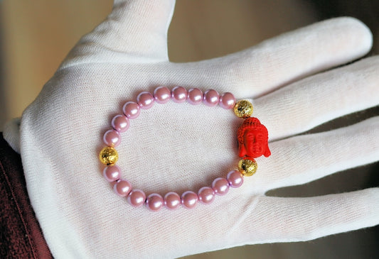 Genuine Purple South Sea Shell Pearl bracelet combined with gold Lava and Red Buddha Head Reversible Beads - Cinnabar Buddha Beads