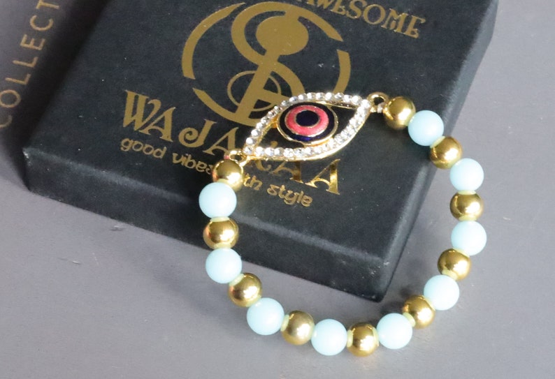 Astonishing  Amazonite with Mahi Golden Color Red and Blue Meenakari work Evil Eye and gold plated specer beads. Perfect handmade gifts