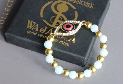 Astonishing  Amazonite with Mahi Golden Color Red and Blue Meenakari work Evil Eye and gold plated specer beads. Perfect handmade gifts