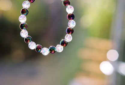 Flashy set bracelets with Electroplate Glass Beads  Round with Evil Eye  and Aurora Borealis. Also Gold plated spacer beads.