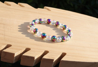 Flashy set bracelets with Electroplate Glass Beads  Round with Evil Eye  and Aurora Borealis. Also Gold plated spacer beads.