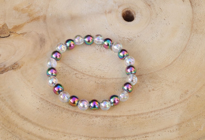 Flashy set bracelets with Electroplate Glass Beads  Round with Evil Eye  and Aurora Borealis. Also Gold plated spacer beads.