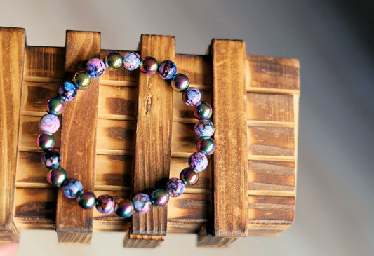 Flashy set bracelets with Electroplate Glass Beads  Round with Evil Eye  and Aurora Borealis. Also Gold plated spacer beads