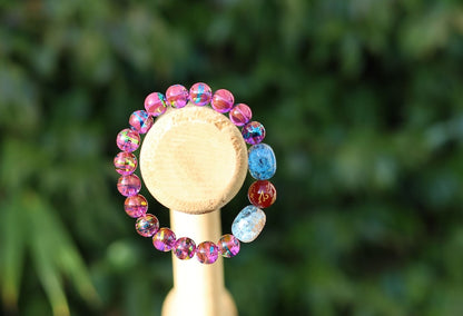 Flashy set bracelets with Natural Stone 7 Chakra Healing Beads Dragon Veins. Natural Himalayan Rainbow Quartz Crystal drum beads
