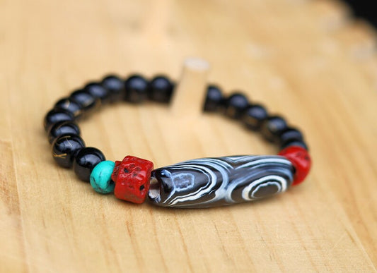 Old sky Eyed Dzi  bead Agate bracelet with gold striped Black agate and Turquoise./red beads.Tibetan Jewelry,Protection Stones,Buddhist bead
