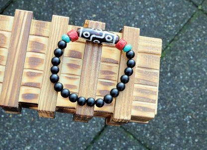 Old nine Eyed Dzi  bead matte Agate bracelet with Black agate and Turquoise./red beads.Tibetan Jewelry,Protection Stones,Buddhist bead