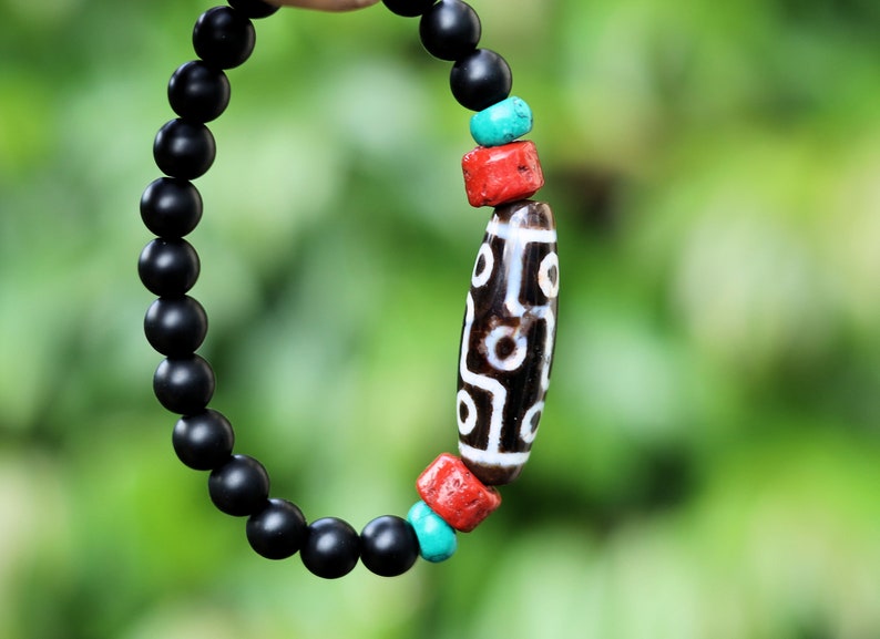 Old nine Eyed Dzi  bead matte Agate bracelet with Black agate and Turquoise./red beads.Tibetan Jewelry,Protection Stones,Buddhist bead