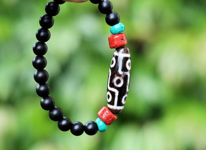 Old nine Eyed Dzi  bead matte Agate bracelet with Black agate and Turquoise./red beads.Tibetan Jewelry,Protection Stones,Buddhist bead