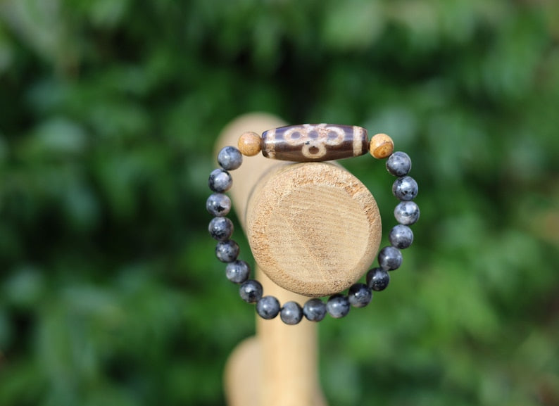 Old five eyed lightning Dzi  bead Silver Obsidian Stone bracelet with 2x picture Jaspers. The Maya used it to communicate with other beings.