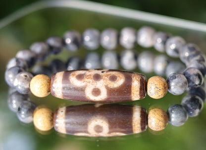 Old five eyed lightning Dzi  bead Silver Obsidian Stone bracelet with 2x picture Jaspers. The Maya used it to communicate with other beings.