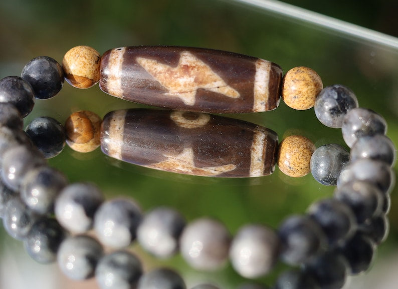 Old five eyed lightning Dzi  bead Silver Obsidian Stone bracelet with 2x picture Jaspers. The Maya used it to communicate with other beings.