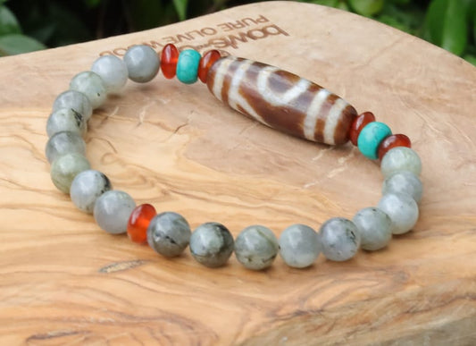 Old one eyed Dzi  bead Spectrolite bracelet with  Turquoise Howlite Beads with engraved Buddhist Tibetan decoration.