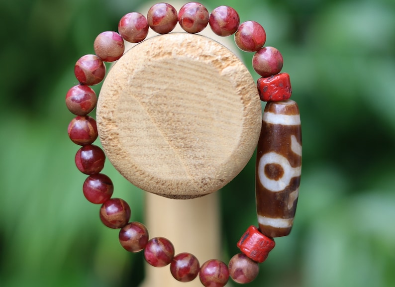 Old Big man (Aristocrat) Dzi  bead Red Brecciated Jasper bracelet with Coral-Red Glass. Handmade from (waxed) glass in Red Coral colour