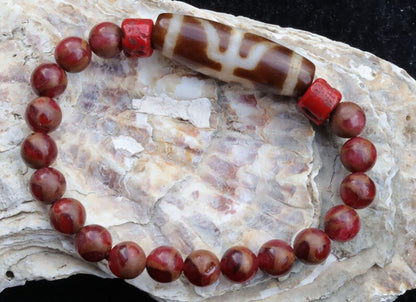 Old Big man (Aristocrat) Dzi  bead Red Brecciated Jasper bracelet with Coral-Red Glass. Handmade from (waxed) glass in Red Coral colour