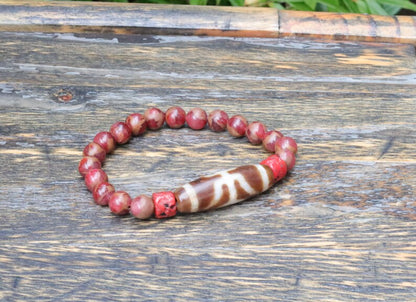 Old Big man (Aristocrat) Dzi  bead Red Brecciated Jasper bracelet with Coral-Red Glass. Handmade from (waxed) glass in Red Coral colour