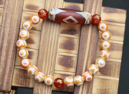Old Two-eye Dzi  bead bracelet with Electroplate Glass Beads , Round with Evil Eye Pattern,Orange. unblock the path to enlightenment.