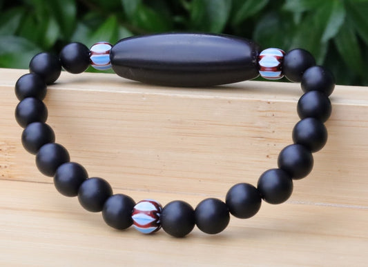 Old black Agate Dzi  bead matte Agate bracelet with Chevron-style tradebeads - originally made in Nepal.  providing a sense of emotional