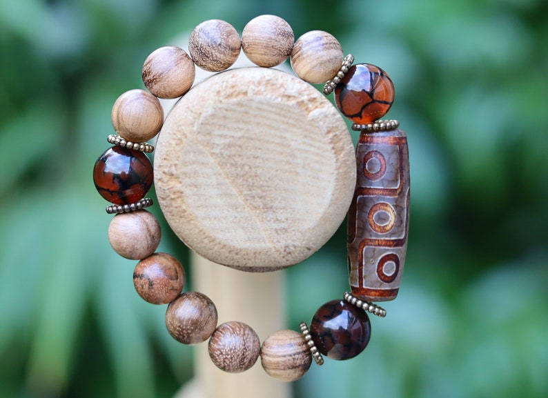 Old Nine-eye  Dzi  bead Vietnam Agarwood Wooden Bracelets Tiger Pattern Buddha. 3x Natural crackle Jade 14mm.