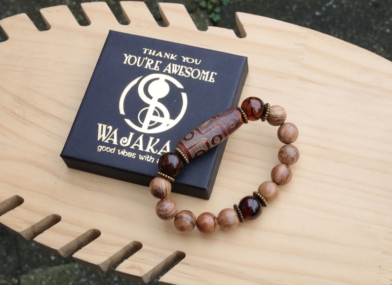 Old Nine-eye  Dzi  bead Vietnam Agarwood Wooden Bracelets Tiger Pattern Buddha. 3x Natural crackle Jade 14mm.