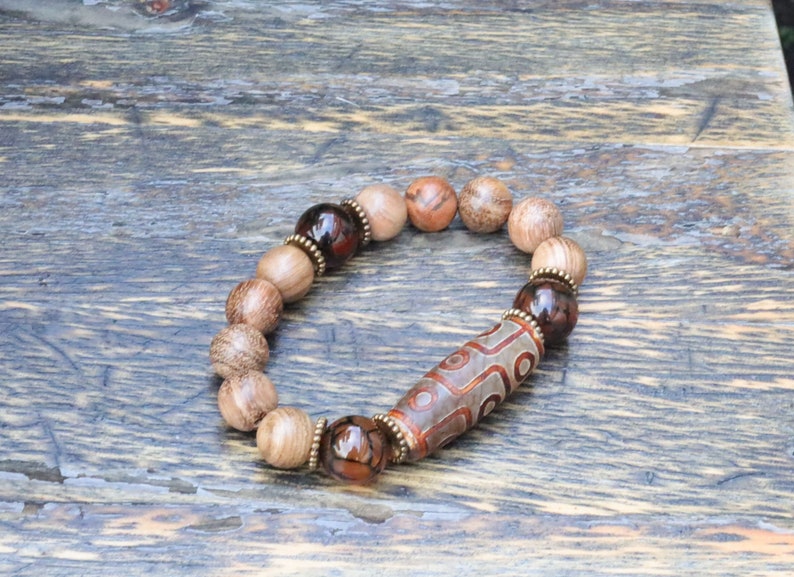 Old Nine-eye  Dzi  bead Vietnam Agarwood Wooden Bracelets Tiger Pattern Buddha. 3x Natural crackle Jade 14mm.
