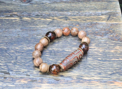 Old Nine-eye  Dzi  bead Vietnam Agarwood Wooden Bracelets Tiger Pattern Buddha. 3x Natural crackle Jade 14mm.