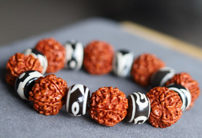 Super 18 mm Rudraksha bead bracelet combined with Tibetan Style dZi Beads, Natural Agate Beads, Dyed & Heated, Oval, Mixed Pattern