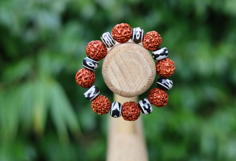 Super 18 mm Rudraksha bead bracelet combined with Tibetan Style dZi Beads, Natural Agate Beads, Dyed & Heated, Oval, Mixed Pattern