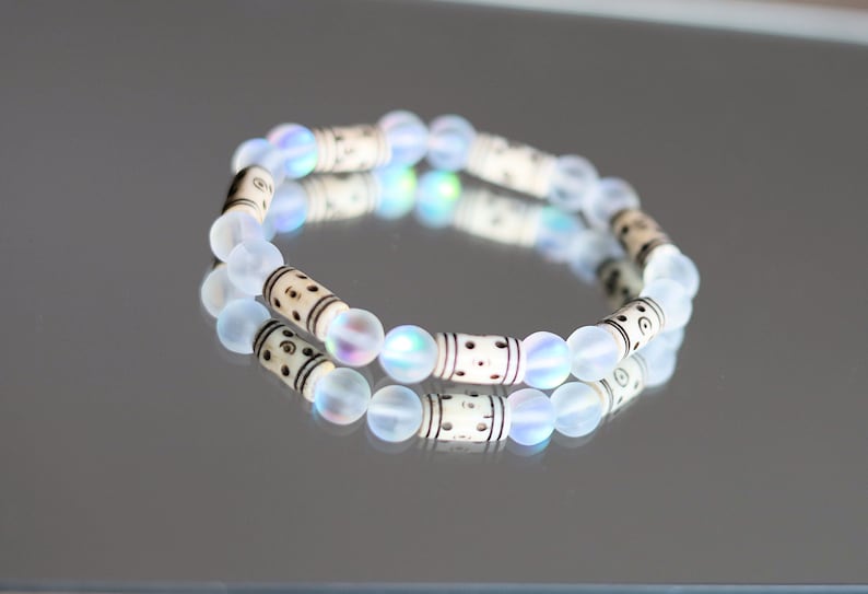 Frosted Mystic Aura Mermaid Beads, Matte Aurora Crystal Glass Beads, with Cream Tribal Tube Bone Beads: 6x14mm. Made in India, from cow bone