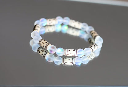 Frosted Mystic Aura Mermaid Beads, Matte Aurora Crystal Glass Beads, with Cream Tribal Tube Bone Beads: 6x14mm. Made in India, from cow bone
