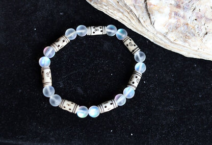 Frosted Mystic Aura Mermaid Beads, Matte Aurora Crystal Glass Beads, with Cream Tribal Tube Bone Beads: 6x14mm. Made in India, from cow bone