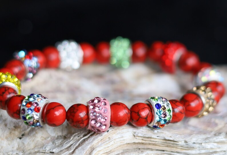 Holidays, Red Howlite and Polymer Clay Rhinestone Beads, with Platinum Tone Brass Single Cores, Large Hole Beads, Rondelle, mixed colors