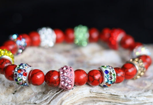 Holidays, Red Howlite and Polymer Clay Rhinestone Beads, with Platinum Tone Brass Single Cores, Large Hole Beads, Rondelle, mixed colors