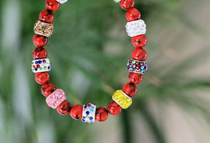 Holidays, Red Howlite and Polymer Clay Rhinestone Beads, with Platinum Tone Brass Single Cores, Large Hole Beads, Rondelle, mixed colors