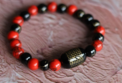 Black Buddha Chinese Characters Agate Stone with Agate bracelet with gold striped and Red Howlite.  Good Luck Tibeten Black Agate Bead