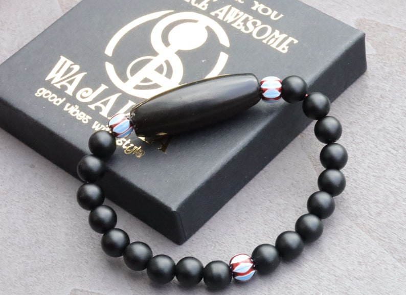 Old black Agate Dzi  bead matte Agate bracelet with Chevron-style tradebeads - originally made in Nepal.