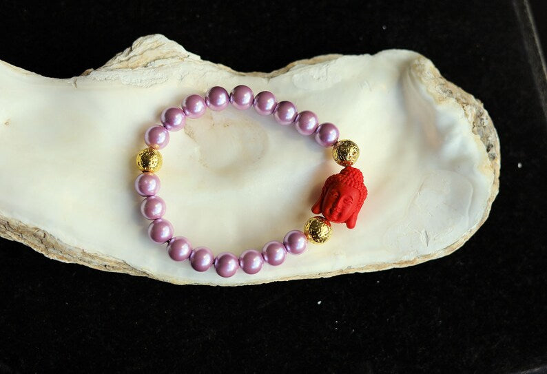 Genuine Purple South Sea Shell Pearl bracelet combined with gold Lava and Red Buddha Head Reversible Beads - Cinnabar Buddha Beads
