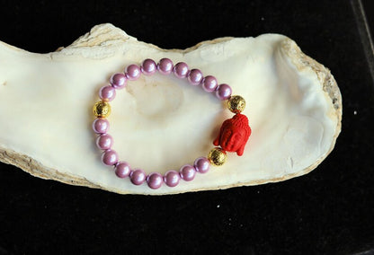 Genuine Purple South Sea Shell Pearl bracelet combined with gold Lava and Red Buddha Head Reversible Beads - Cinnabar Buddha Beads