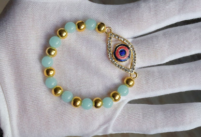 Astonishing  Amazonite with Mahi Golden Color Red and Blue Meenakari work Evil Eye and gold plated specer beads. Perfect handmade gifts