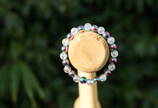 Flashy set bracelets with Electroplate Glass Beads  Round with Evil Eye  and Aurora Borealis. Also Gold plated spacer beads.