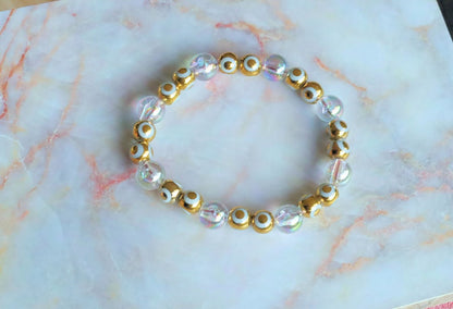 Flashy set bracelets with Electroplate Glass Beads  Round with Evil Eye  and Aurora Borealis. Also Gold plated spacer beads