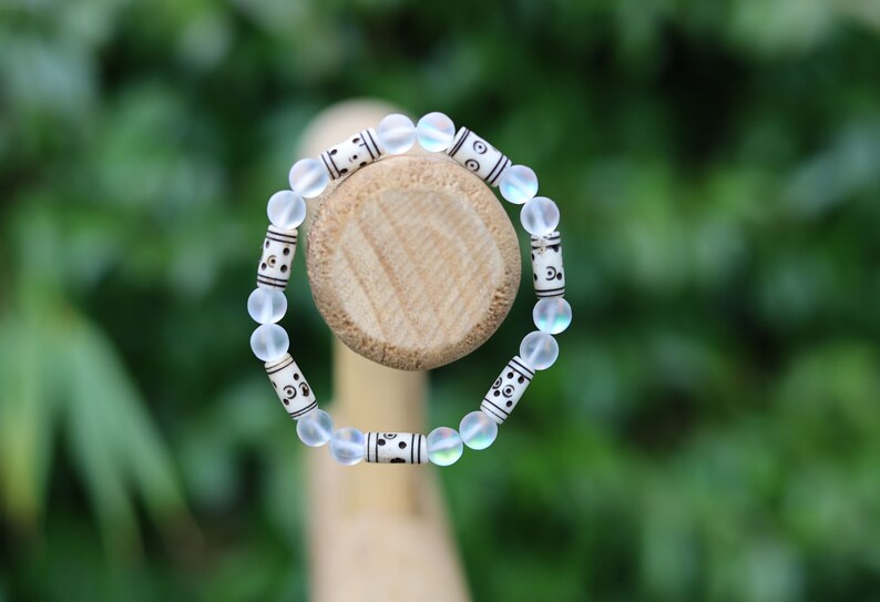 Frosted Mystic Aura Mermaid Beads, Matte Aurora Crystal Glass Beads, with Cream Tribal Tube Bone Beads: 6x14mm. Made in India, from cow bone